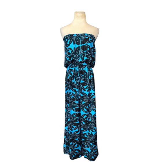 Coral of the Sea blue black floral strapless wide leg jumpsuit size Small - Picture 1 of 15
